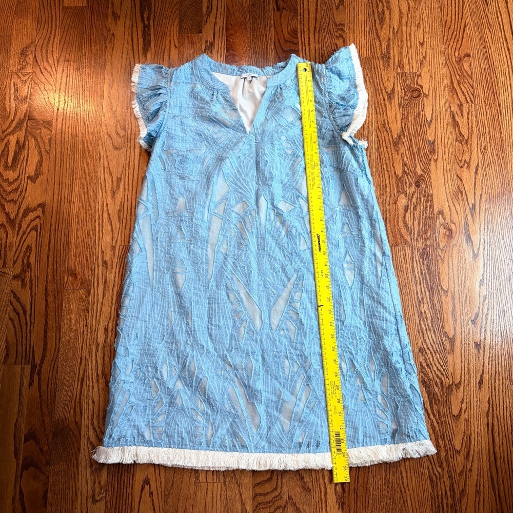 VOY Blue V-Neck Ruffle Sleeve Fringe Burnout Shift Dress Med Boho Cotton Linen - Picture 8 of 8